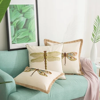 

45x45cm Cotton Linen Cushion Cover Dragonfly Embroidery Home Sofa Pillowcase Nordic Bedroom Car Waist