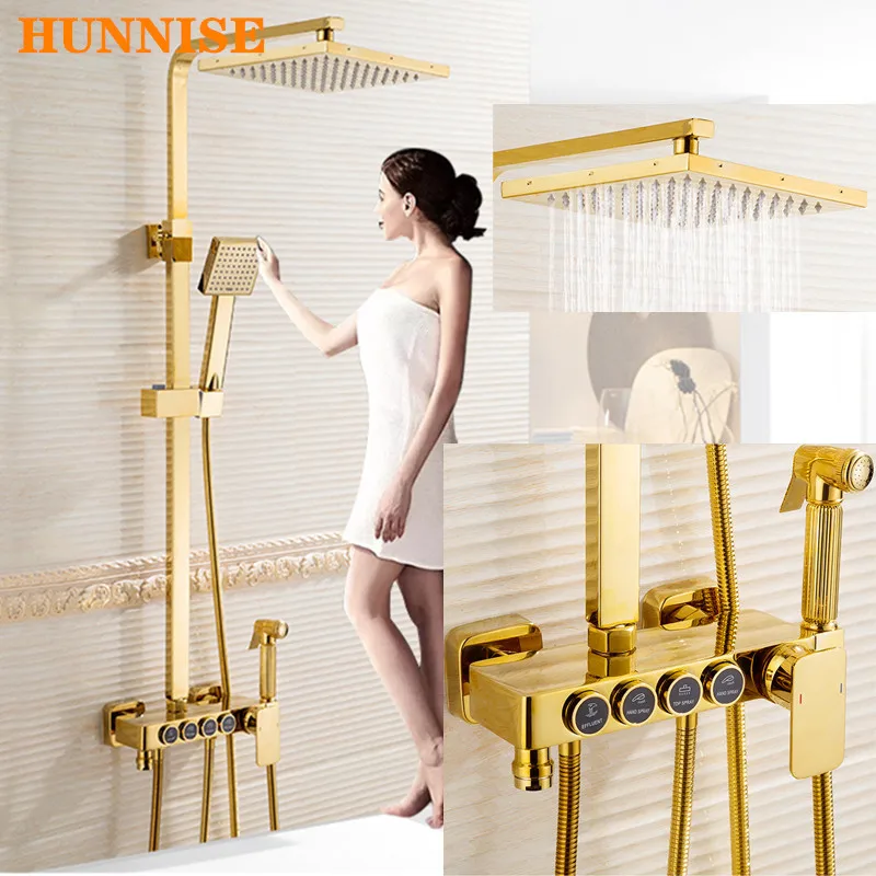 Gold Shower Mixer Set Square Rainfall Shower Head Luxury Gold
