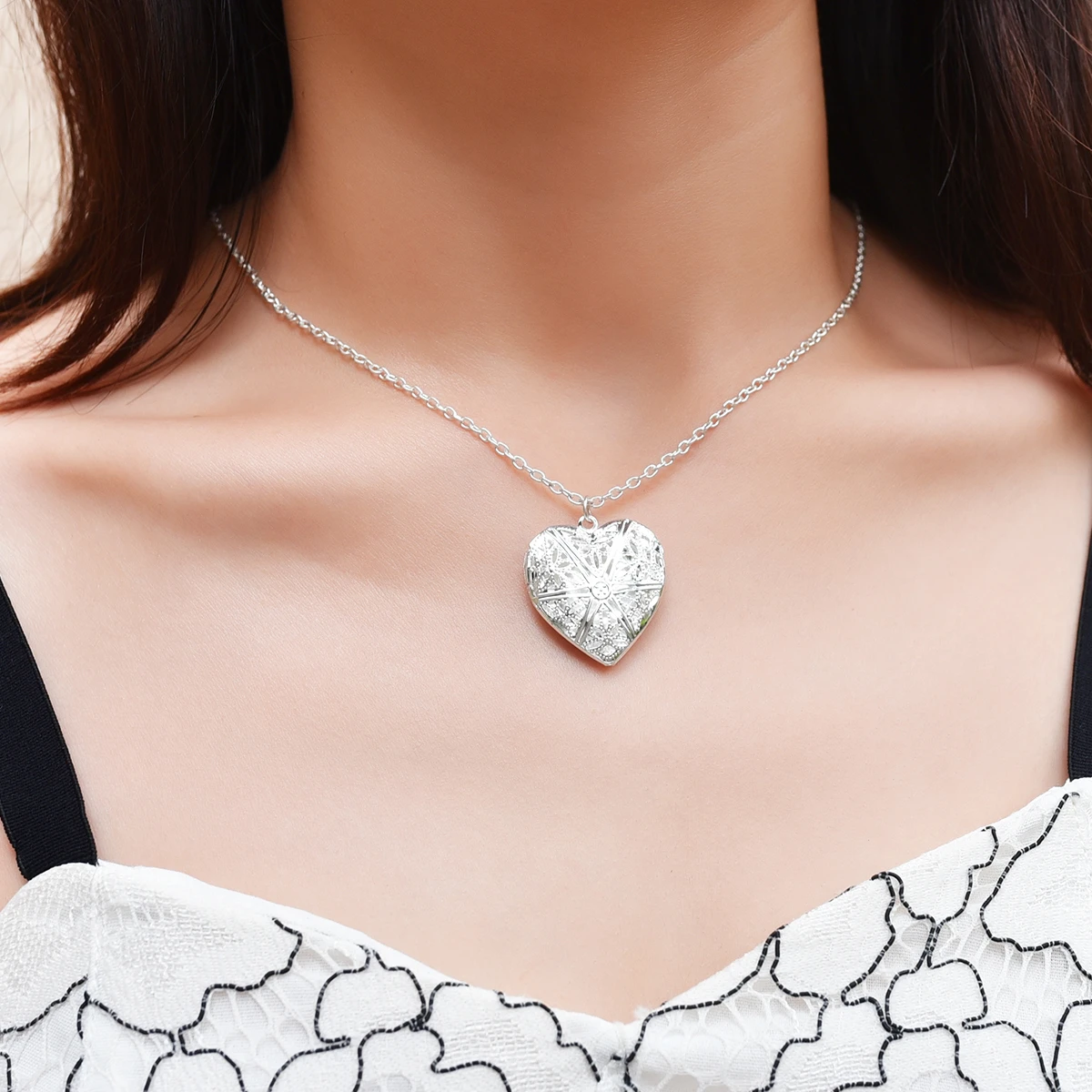 Collar con medallón de corazón Chapado plata para colgante con colgante de gota agua, marco de fotos, puede abrir medallón, regalo de San Valentín|heart pendant necklace|locket necklacependant necklace -