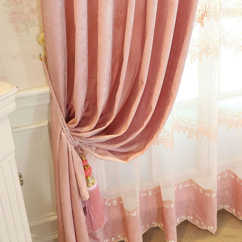 Европейский тиснением вышитые шторы розовый для спальни роскошные синель для гостиной простыня на заказ M005#30