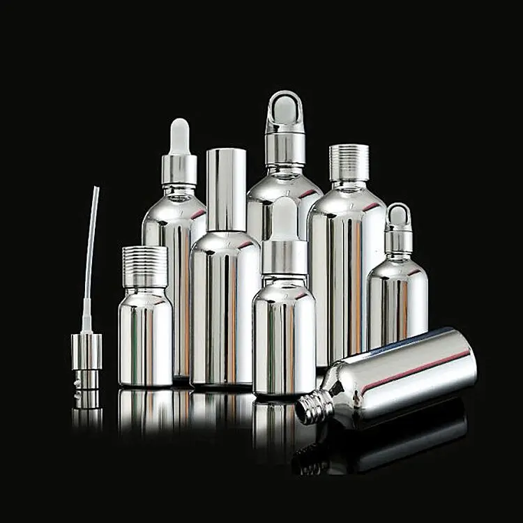 10pcs 10-100ml Electroplating Silver Glass Essential Oil Bottles Cosmetic Serum Lotion Pump Atomizer Spray Bottle Dropper Bottle