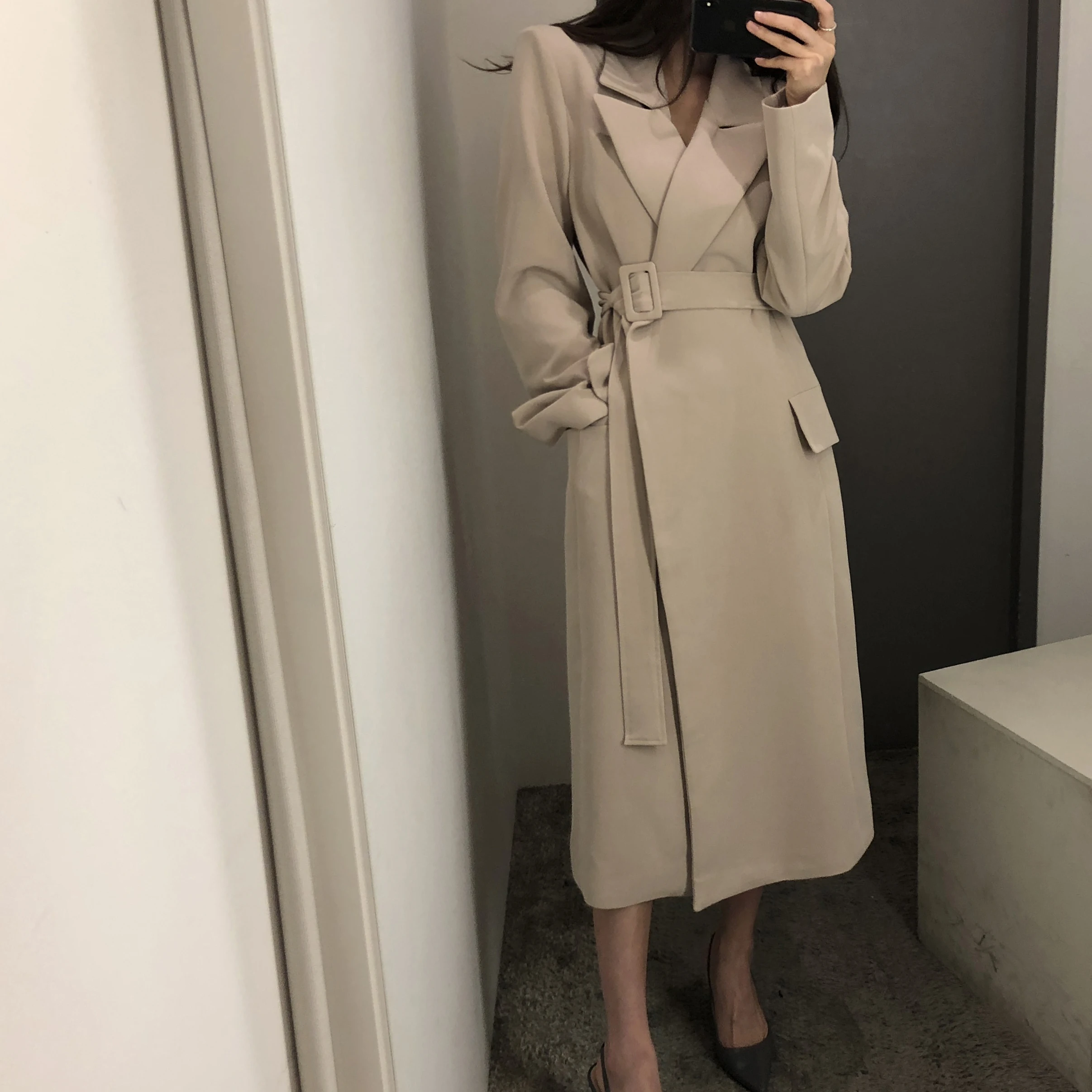 

Women Korean Long Coat with Belt Full Sleeve Turn Down Collar Tunic Solid Color Outwear Elegant Casual Coat Ladies Office Jacket