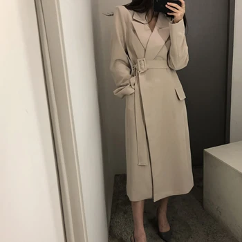 

Women Korean Long Coat with Belt Full Sleeve Turn Down Collar Tunic Solid Color Outwear Elegant Casual Coat Ladies Office Jacket