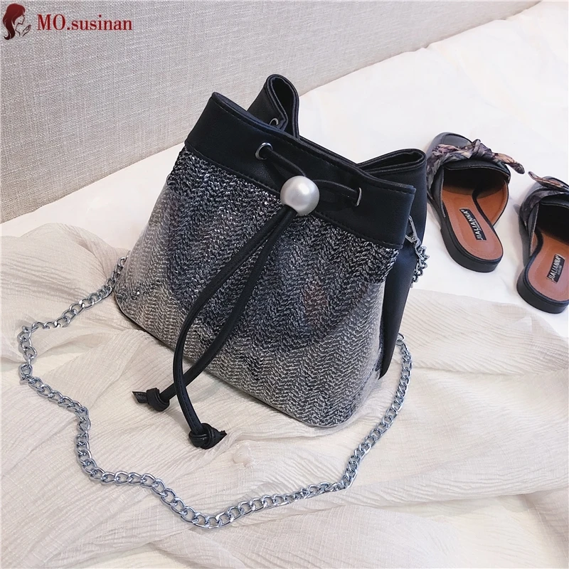 

2019 New Fashion Women Bag Korean Trend Pull Rope Bucket Bag Ladies Chain Weave Shoulder Crossbody Bag Brand Wild Messenger Bag