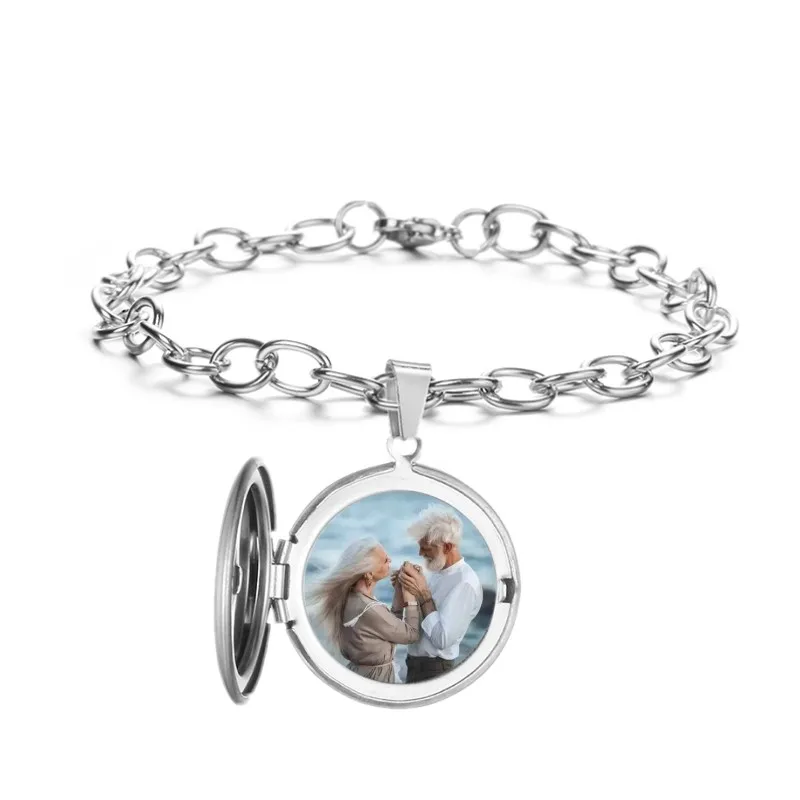 Custom Silver Персонализированные пользовательские фото и именной браслет для мужчин и женщин из нержавеющей стали круглый фотоальбом браслеты с подвесками регулируемые браслеты - Окраска металла: Custom Silver