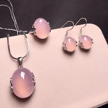 

Factory Price Wholesale 925 Silver Inlaid Natural Pink Chalcedony Set Earring Ring Necklace Pendant