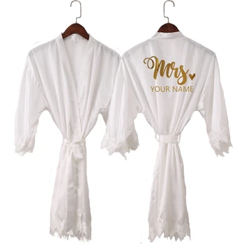

Personalized Mrs name Bride Robe lace Engagement Gift Honeymoon Wedding Bridal Party Satin Robe women short lace kimono robes