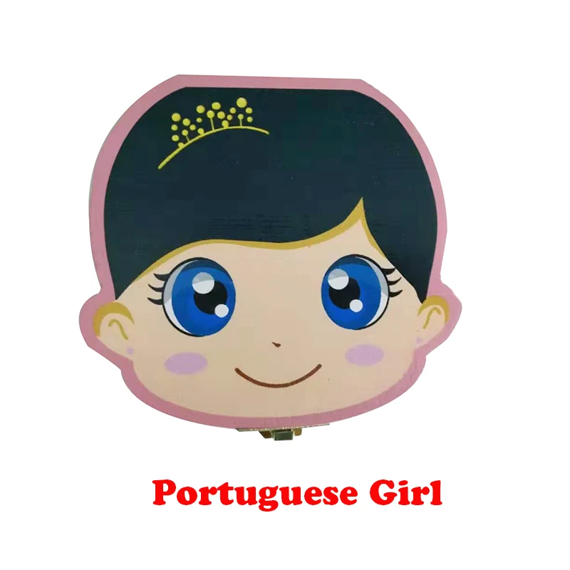 Portuguese Girl Деревянный Детский ящик для зубов английский/испанский/португальский молочные зубы пуповины органайзер для хранения мальчиков и девочек сувенир чехол подарки для детей - Цвет: Portuguese Girl