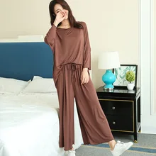 

PLUS size home suits women autumn new loose long-sleeved pajamas two-piece set nine-point wide leg pants pijama sleepwear femme