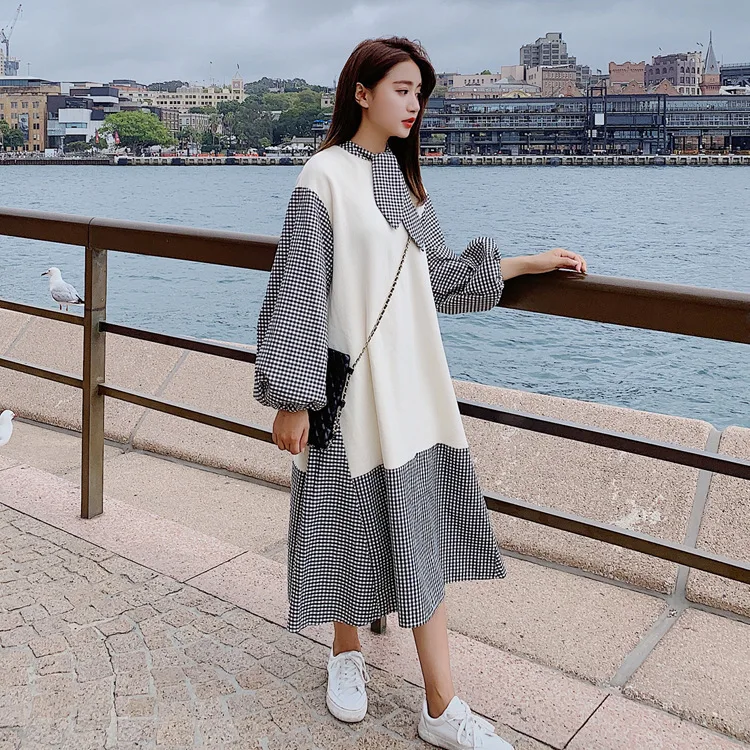 

2019 Spring New Style Joint Contrast Color Dress Women's Retro Plaid Skirt Short-height Fairy Skirt CHIC Gentle Wind