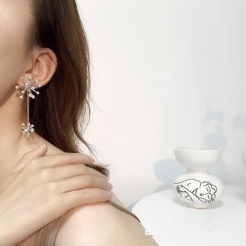 

HUANZHI 925S new Korean Design Silver Pin Simple Elegant French Fireworks Long pearl Earrings for Women Girl Party Gift