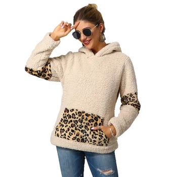 

Hoodies Fleece Sweatshirt Leopard Patchwork Long Sleeve Hooded Pullover 2019 Autumn Winter Casual Streetwear Womens
