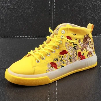 

Men Fashion Casual Shoes Summer Canvas Chinese Style Embroidery High Top Sneakers Male Breathable Leisure Shoes