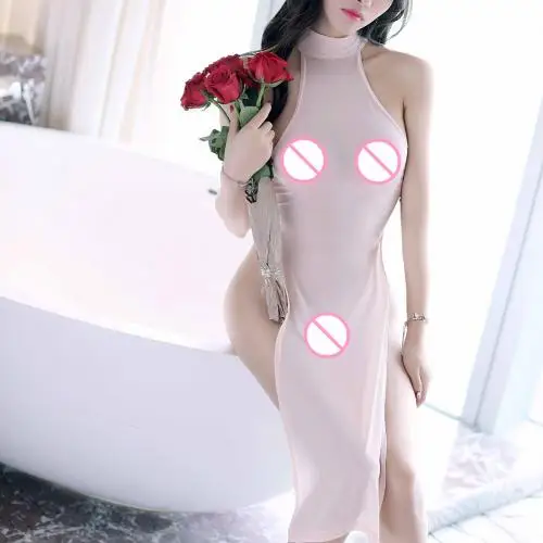 Tender Pink Женское сексуальное платье с высоким разрезом, Холтер, чеонгсам Пижама, платье с открытой спиной, Эротическое нижнее белье для женщин, сексуальное нижнее белье, порно, платье для куклы, сексуальное, Costu - Цвет: Tender Pink