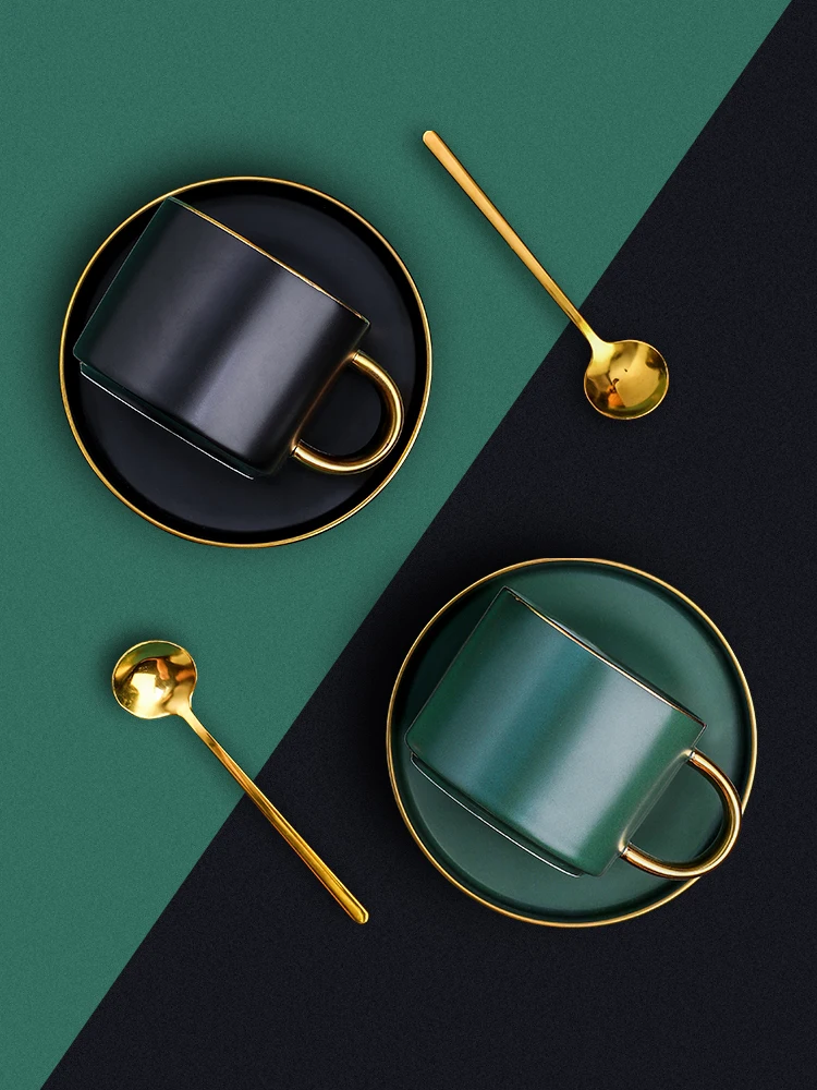 

European Luxurious Gold Rim Ceramic Office Coffee Cup And Saucer Set Milk Tea Mugs Birthday Couples Gifts Friends Cup With Spoon