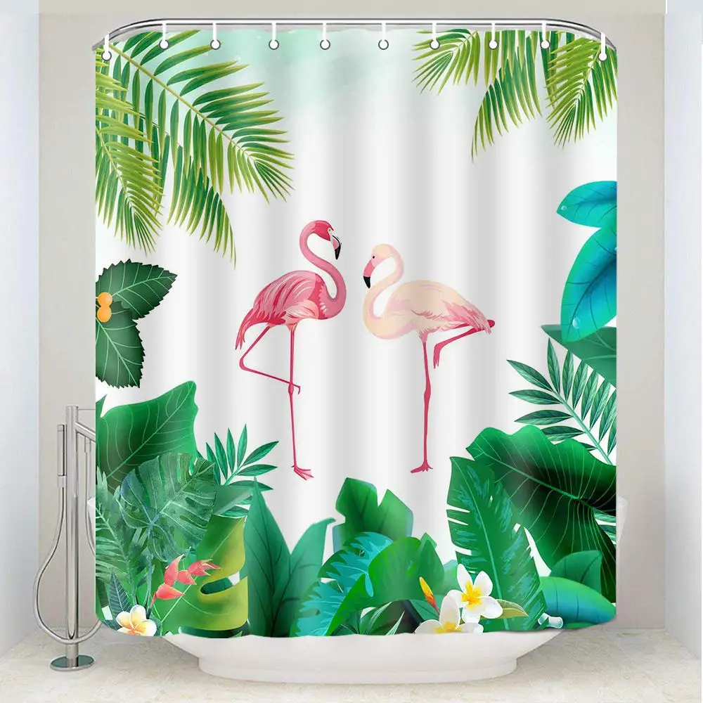 

RHODORH Flamingo Shower Curtain Tropical Palm Tree Leaves Plant Pink Animal Fabric Bathroom Decoration Set with 12 Hooks