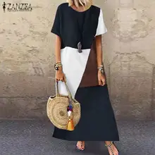 ZANZEA повседневное лоскутное платье макси женский сарафан винтажная хлопковая Летняя туника Vestidos женский короткий рукав халат большого размера