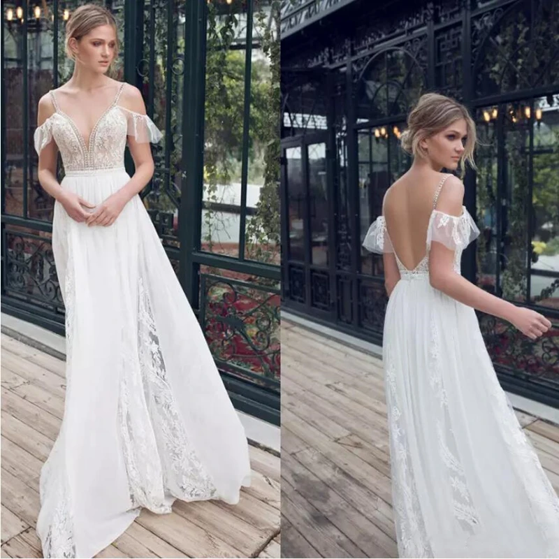 Бохо свадебное платье Бисероплетение Спагетти ремни спинки Vestido De Noiva Длина пола элегантное богемное свадебное платье пляж Свадьба
