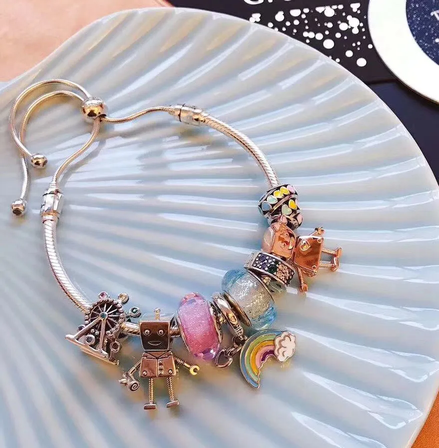 

Keris Store High Quality 1:1 100%925 Sterling Silver Mini Design Robot Glass Bead Chain Shrink Bracelet Free Shipping