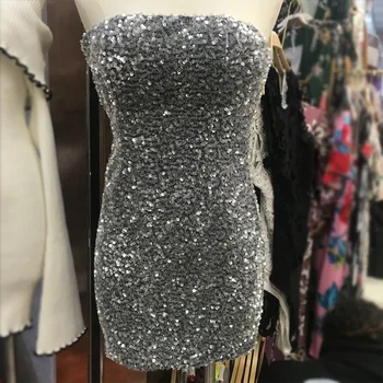 

2020 Spring and Autumn New Europe Fashion-Show Sequin Dress Package Hip Strapless Dress Female Ladies Party Sexy Dresses Vestido