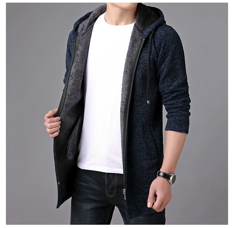 winter new plus velvet sweater men's jacket sweater hooded trench long hooded fleece sweatercoat