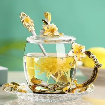 

Hand-made Enamel Mug lily Flower Glass Cup Coffee Mug Scented Tea Mug Milk Lemon Juice Cup Glass Lover Gift Couple Mugs