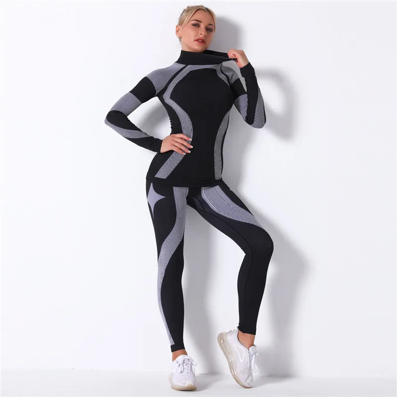 Sports Yoga Suits 2Pcs/Set Women Fitness Gym Tracksuits Turtleneck Clothes Long Sleeve Fitness Crop Top High Waist Yoga Leggings