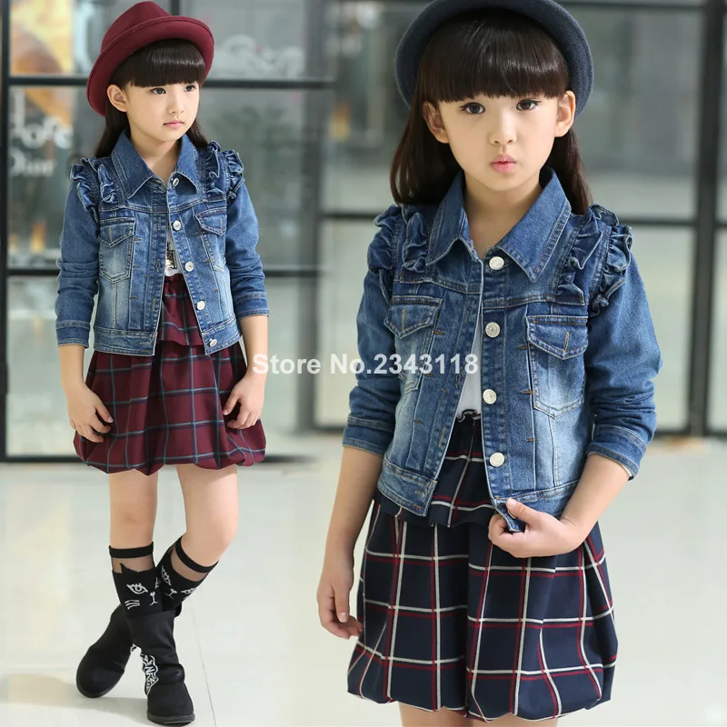 

Kids Sets Girl's Plaid Suit Spring And Autumn Denim Jacket + Dress Two Suits 3-12 14 Ages Free Shipping