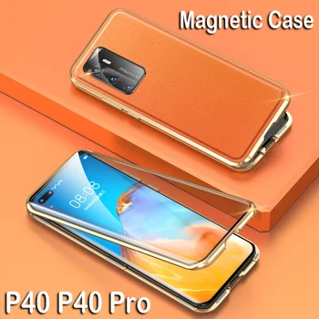 

360 Full Magnetic Phone Case For Huawei P40 5G Coque Glass Cover Camera Lens Protector Metal Bumper P40 Pro Leather Case