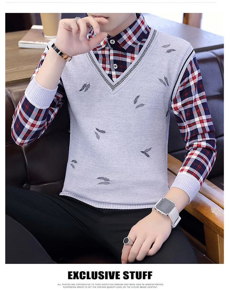 UYUK2019 осень зима стиль темпера мужчины t Повседневный Harajuku свободный модный тренд лацканы поддельные два вязанных тонкий мужской свитер Одежда