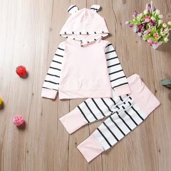 

Female baby Lovely Stripe Splicing Hooded Long Sleeves Tops +Trousers Suit