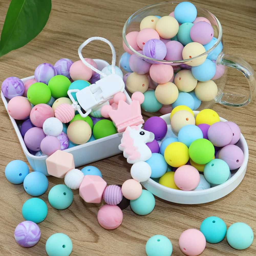 

15mm BPA Free Food Silicone Round Colorful Beads Baby Chewable Toys For Baby Silicone Teether Teething Chain Pacifier Chain
