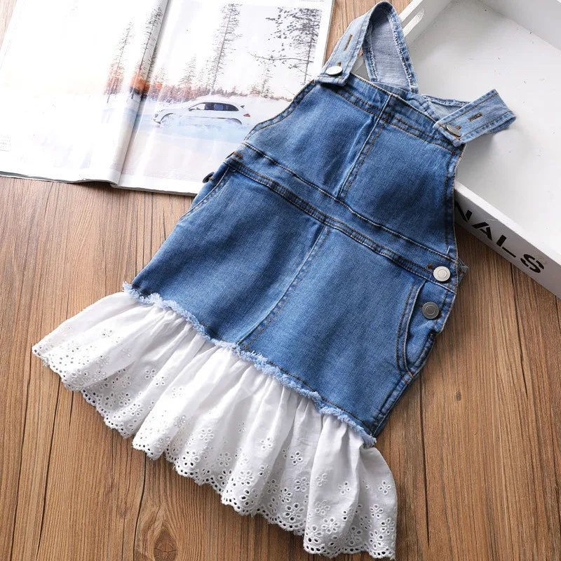 2 3 4 5 6 7 Y Toddler Girls Dress Spring Korean Fashion Denim Strap for Girl Kids Clothing Lace Stitching Children | Детская одежда и
