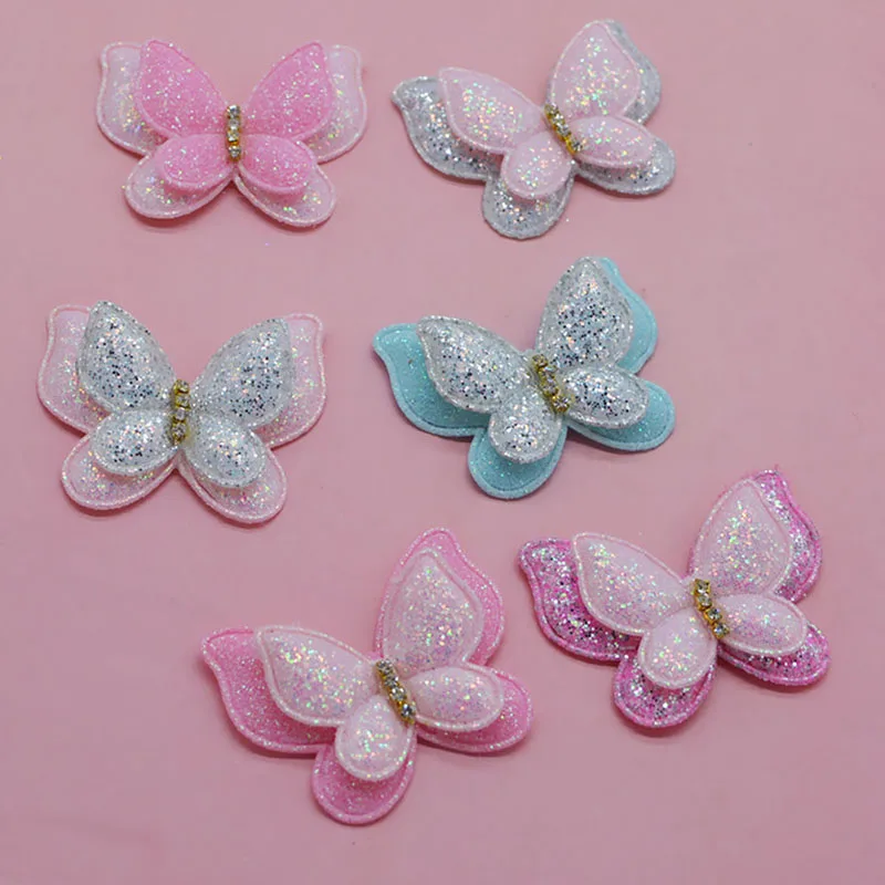 10sets 43*37mm Two Layer Glitter Butterfly Padded Appliques For Craft Clothes Sewing Suppliers DIY Hair Clip Accessories baby accessories bag	