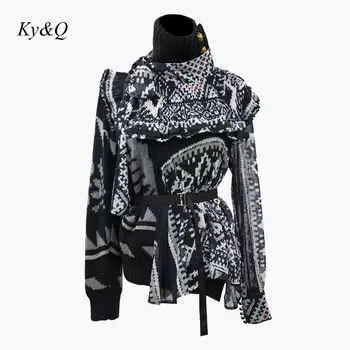 

2020 Winter New Brand Design Tide Women Turtleneck Pullover Contrast Patchwork Knit Printed Chiffon Sweater Vintage Clothes