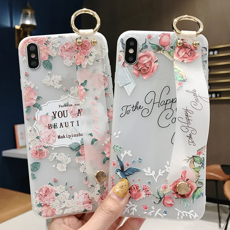 

Wrist Strap Phone Case For iphone XS Max X XR 8 7 6 6S Plus Cover Flowers Hand Band Cases Soft TPU Relief Coque Stand Capa