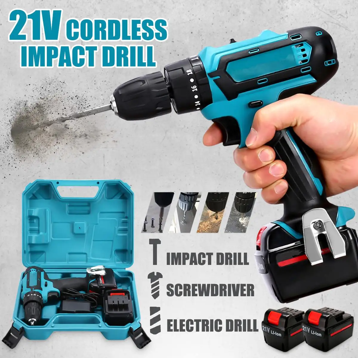 

21V Cordless Impact Power Drill Rechargeable 2 Speed Electric Screwdriver Driver with 2 Batteries