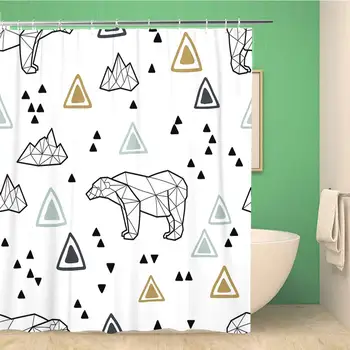 

Bathroom Shower Curtain Tribal Pattern Low Poly Polar Bears and Triangles Kids Waterproof Bath Curtain Set with Hooks