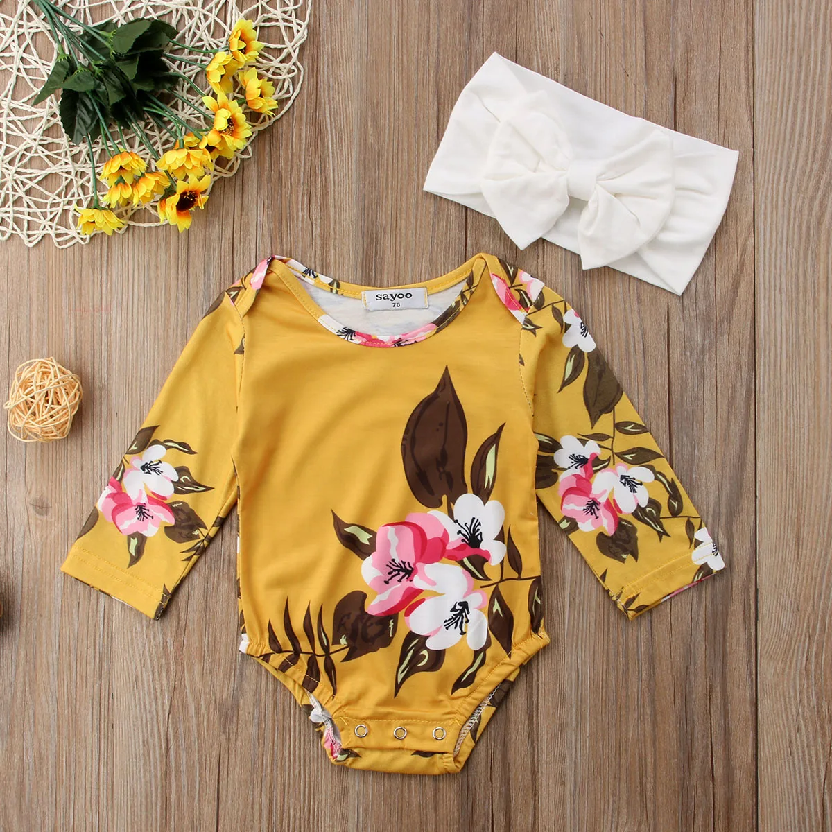 Pudcoco Brand Newborn Baby Girl Floral Romper Jumpsuit Long Sleeve Casual Princess Baby Girl Clothes With Headband