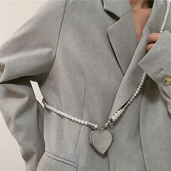 Fashion Long Necklace With Big Mirror Heart Pendant Women 2024 New Statement Pearl Shoudler Chain Personality Jewelry Wholesale
