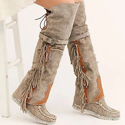 

Fashion Bohemian Boho Knee High Boot Ethnic Women Tassel Fringe Faux Suede Hight Boots Woman Girl Flat Long Booties