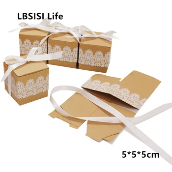 

LBSISI Life Kraft Paper Candy Cookie Chocolate Box Wedding Supplies Lace Carton Candy Boxes With Ribbon