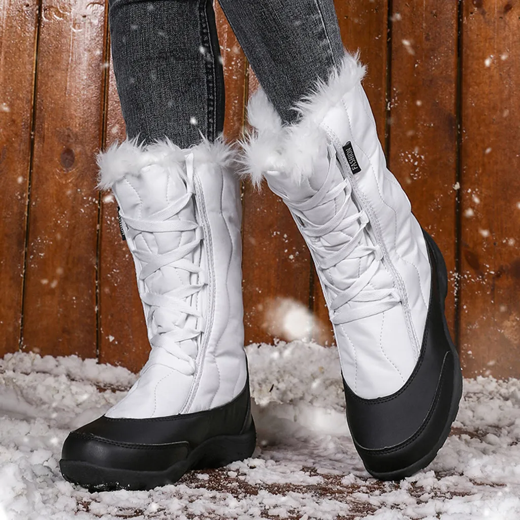 Водонепроницаемые теплые зимние сапоги; женские однотонные кожаные сапоги до середины икры; женские сапоги на шнуровке с круглым носком; Осенняя обувь; ботинки