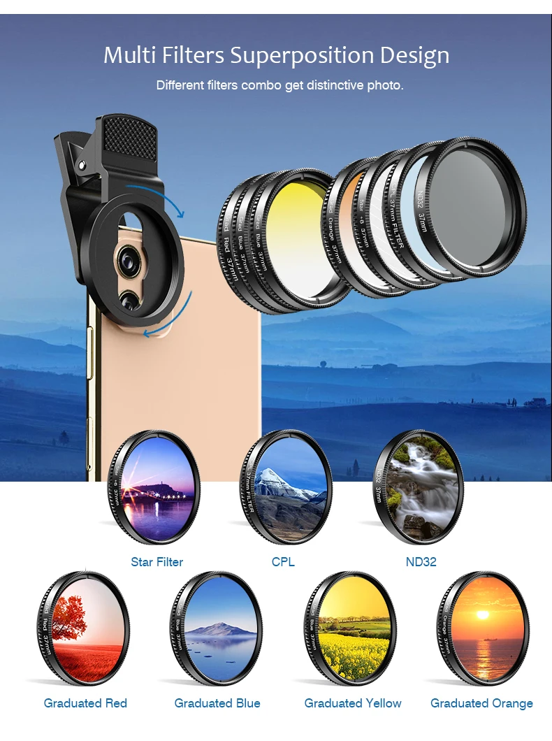 best mobile lens APEXEL camera Phone Lens Kit 0.45x wide+37mm Graduated Red Blue Filters+CPL ND32+Star Filter for iPhone huawei all Smartphones 0.45 x phone lens