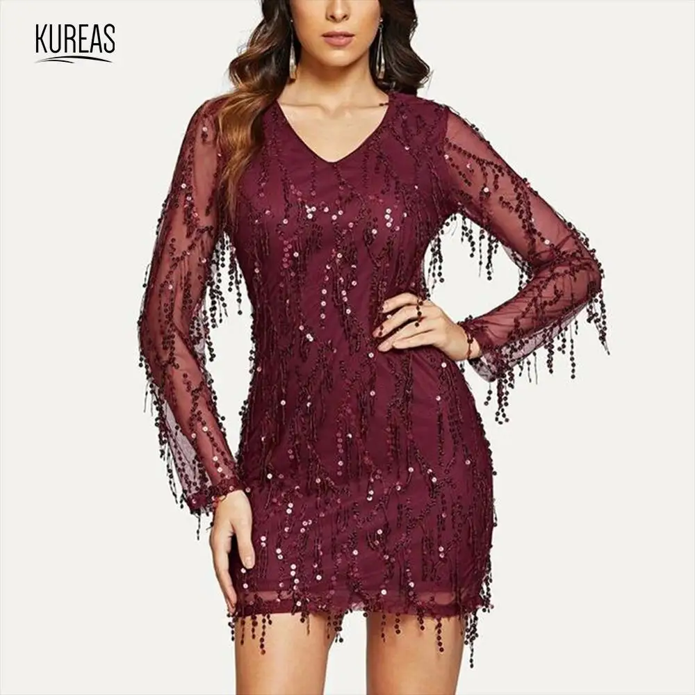 

Kureas Long SLeeve Sequin Dress Women Bodycon V Neck Tassel Sexy Dresses White Wine Shinning Party Nigh Club Wear