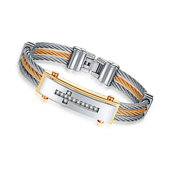

High Quality 316l Stainless Steel Wire Bracelets For Women Female European Style Gold Color Cross Bangle With AAA Cubic Zirconia