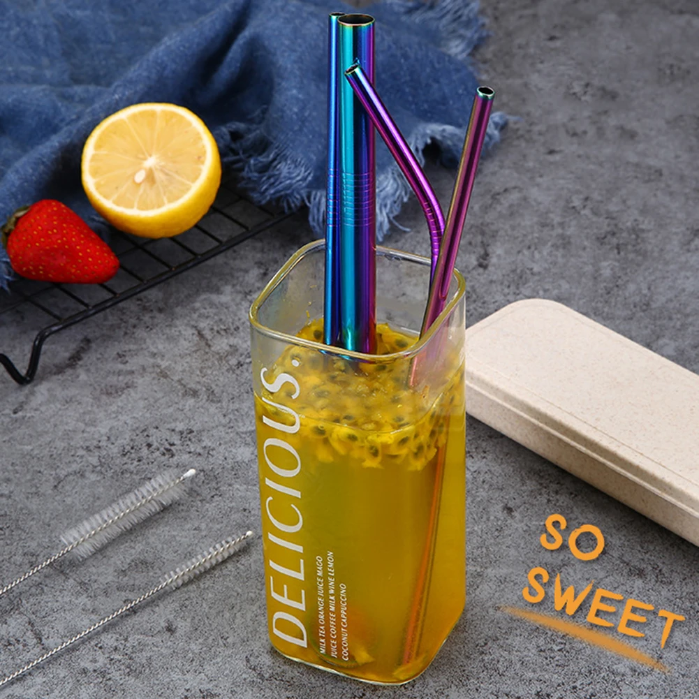 Stainless Steel Eco Friendly 7pcs Straw Spoon Drink Straw Set With Carrying Case 2 Cleaning Brush 2