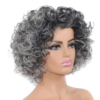 

Good quality Black ombre Gray 30cm synthetic hat wig 180g hair extension curly wigs