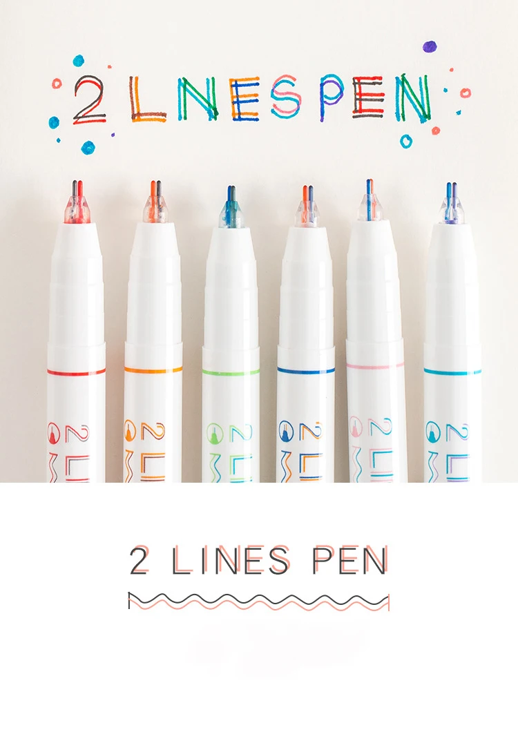 6Pcs/box Creative Two-color Line Gel Pen Art Drawing Pen Student Reading Marker DIY Stationery Supplies