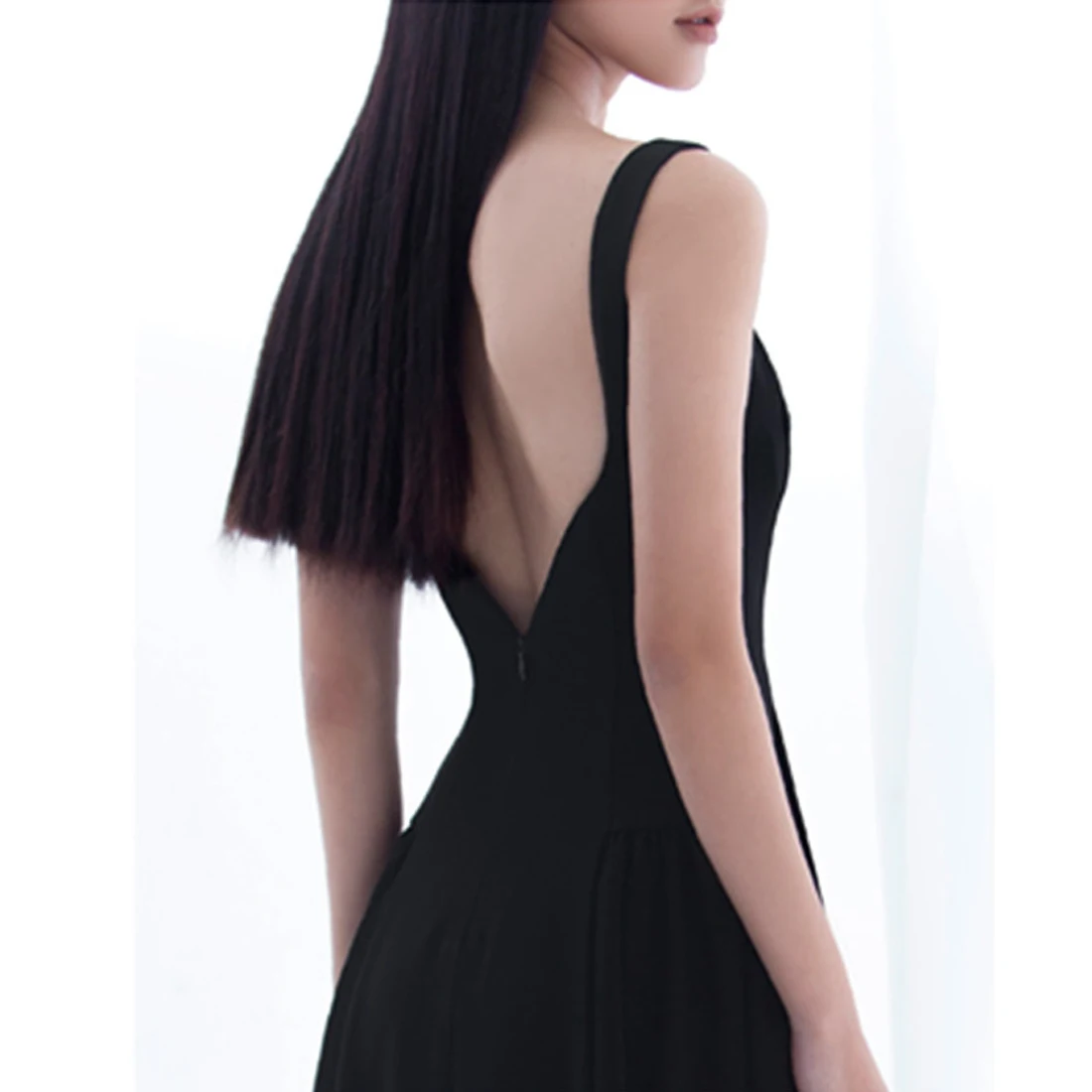 

Simple A-Line Square Solid Black Women Party Dress Office Sleeveless Mid-Length Sheath Sexy Black Dress with Backless